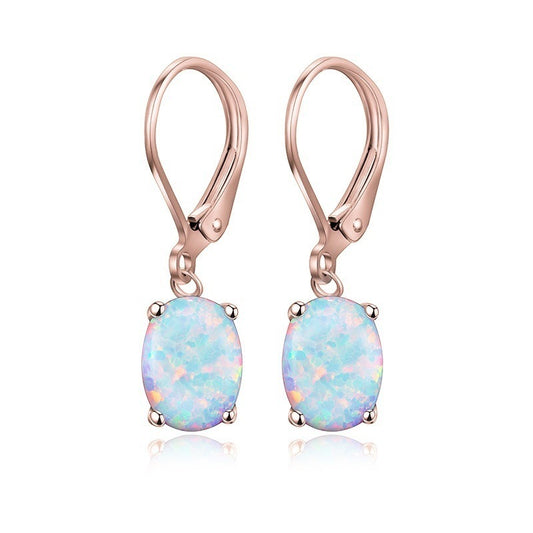 Premium Four-claw Oval Synthetic Opal Earrings European And American Ornament