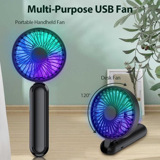 Portable HandHeld Fan, Personal USB Hand Fans With RGB Color Light, 5 Speed Foldable Table Fan With Rechargeable Battery Operated For Travel Office Room