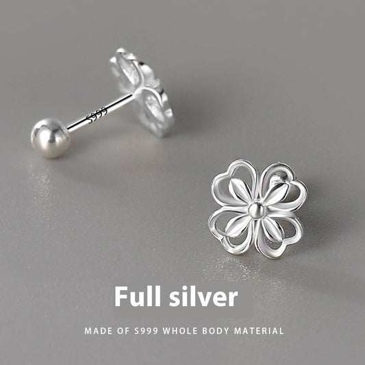 S999 Unisex Electroplated Sterling Silver Sweet Flowers Cute Screw Ear Bone Stud Earrings Full Body Silver