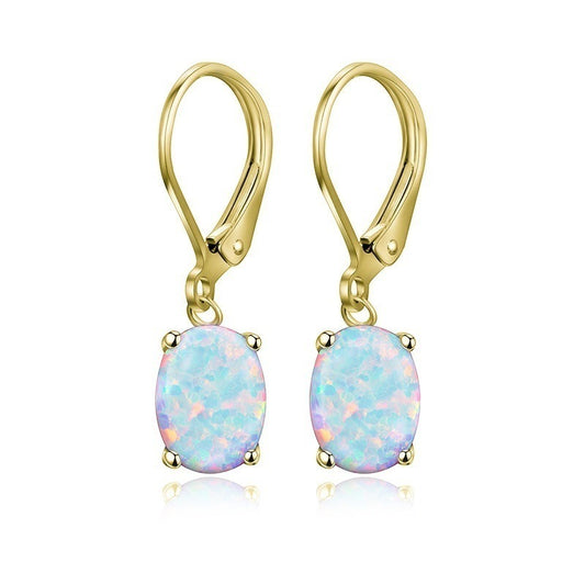 Premium Four-claw Oval Synthetic Opal Earrings European And American Ornament